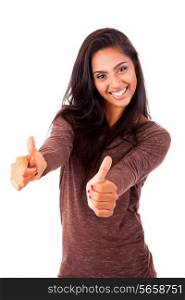Beautiful mix race woman showing thumbs up over white background