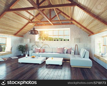 beautiful modern attic interior. 3d design concept.