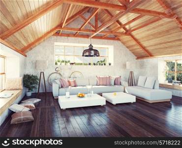 beautiful modern attic interior. 3d design concept.