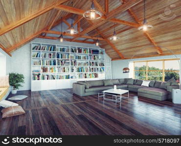 beautiful modern attic interior 3d design concept. Realistic DOF effect