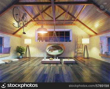 beautiful modern attic interior with hanging sofa. 3d design concept.