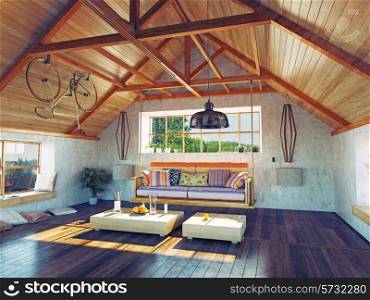 beautiful modern attic interior with hanging sofa. 3d design concept.&#xA;