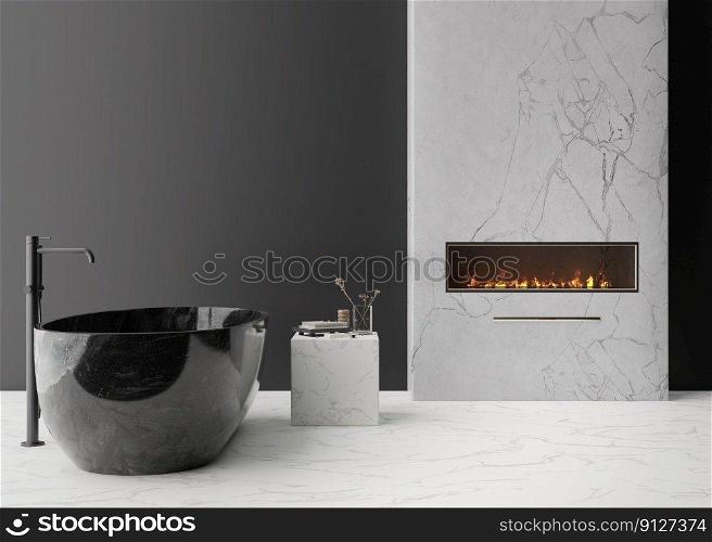 Beautiful modern bathroom with gas or electric fireplace. Contemporary style interior design. Burning fire. Cosy, relaxed atmosphere. Fireplace as a special home detail, decor. 3D rendering. Beautiful modern bathroom with gas or electric fireplace. Contemporary style interior design. Burning fire. Cosy, relaxed atmosphere. Fireplace as a special home detail, decor. 3D rendering.