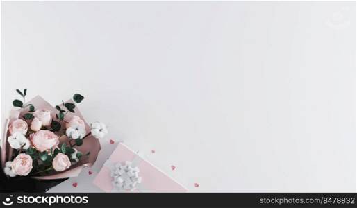 Beautiful modern bouquet of peonies with pink present box with white ribbon on white background. Valentine’s Day background mockup. Mother day, Birthday, Wedding background concept. 3d render