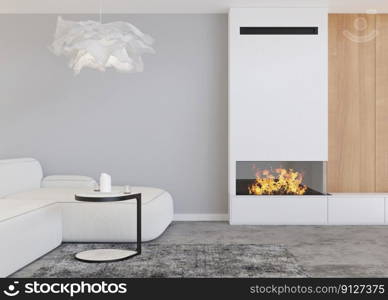 Beautiful modern living room with gas or electric fireplace. Contemporary style interior design. Burning fire. Cosy, relaxed atmosphere. Fireplace as a special home detail, decor. 3D rendering. Beautiful modern living room with gas or electric fireplace. Contemporary style interior design. Burning fire. Cosy, relaxed atmosphere. Fireplace as a special home detail, decor. 3D rendering.