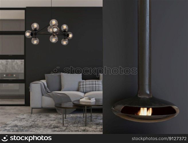 Beautiful modern living room with suspended fireplace. Contemporary style interior design. Burning firewood, fire. Cosy, relaxed atmosphere. Sofa, table, fireplace. Heating with wood. 3D render. Beautiful modern living room with suspended fireplace. Contemporary style interior design. Burning firewood, fire. Cosy, relaxed atmosphere. Sofa, table, fireplace. Heating with wood. 3D render.