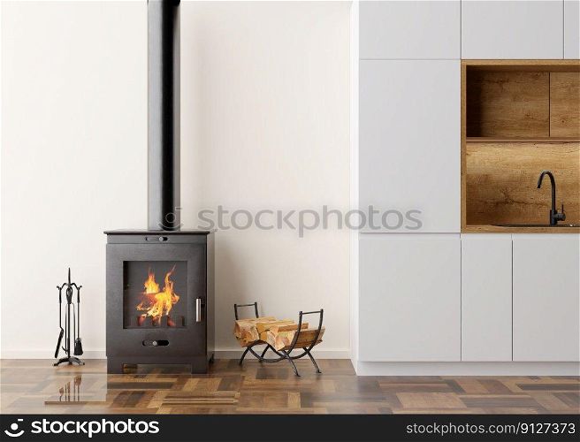 Beautiful modern room with fireplace. Contemporary style interior design. Burning firewood, fire. Cosy, relaxed atmosphere. Kitchen, parquet floor, stove. Heating with wood. 3D rendering. Beautiful modern room with fireplace. Contemporary style interior design. Burning firewood, fire. Cosy, relaxed atmosphere. Kitchen, parquet floor, stove. Heating with wood. 3D rendering.