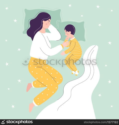 Beautiful mom and son are sleeping in bed. The concept of children sleeping together with parents. Flat vector cartoon illustration