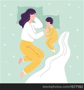 Beautiful mom and son are sleeping in bed. The concept of children sleeping together with parents. Flat vector cartoon illustration