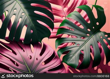 Beautiful monstera leaves on pink background
