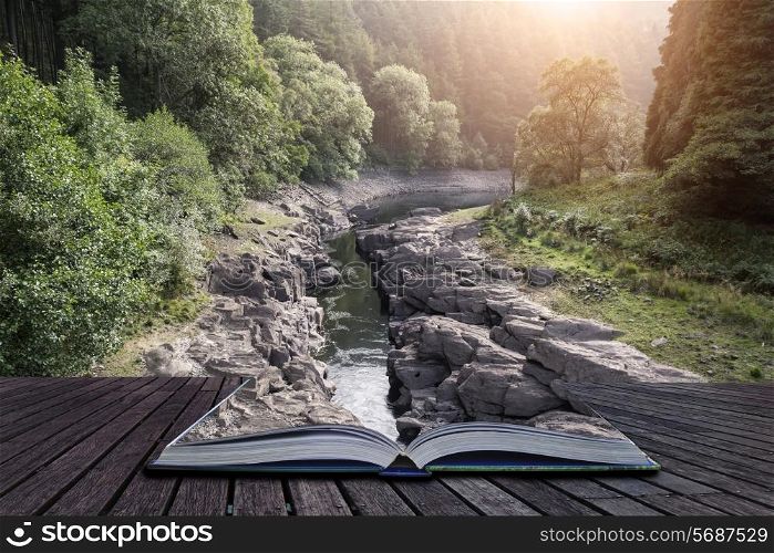 Beautiful morning landscape image of sunlight through trees into canyon creek below conceptual book image