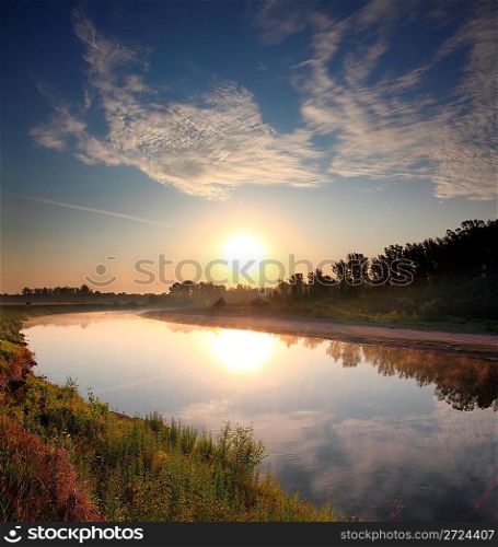 beautiful morning landscape with sunrise over river
