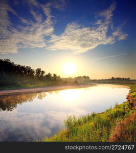 beautiful morning landscape with sunrise over river