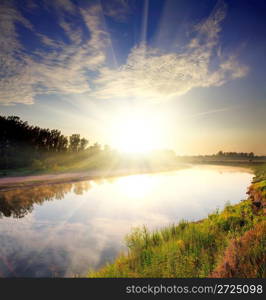 beautiful morning landscape with sunrise over river