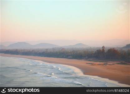 Beautiful morning landscape with the sea and mountains. Gokarna, India