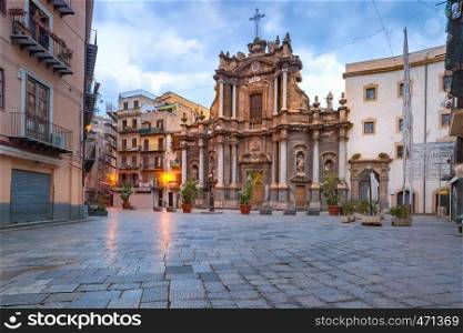 Beautiful morning view of Baroque church of Saint Anne the Mercy in Palermo, Sicily, southern Italy. Church Sant'Anna in Palermo, Sicily, Italy
