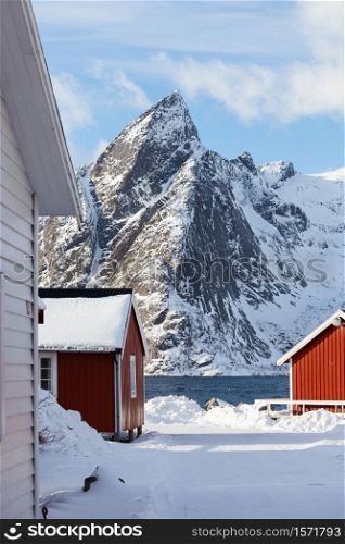 Beautiful morning winter Norwegian landscape. mountains and rorbu. lofoten islands, hamnoy. Norway