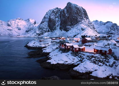 Beautiful morning winter Norwegian landscape. mountains and rorbu. lofoten islands, hamnoy. Norway 