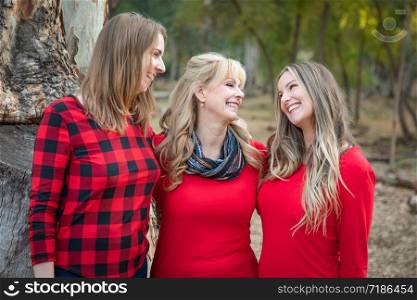 Beautiful Mother and Young Adult Daughters Portrait Outdoors.
