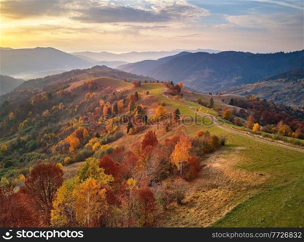 Beautiful mountain autumn landscape with meadow and colorful forest. Red, Yellow, Orange trees on hillsides. National Natural Park Synevyr, Carpathians, Ukraine, Europe.