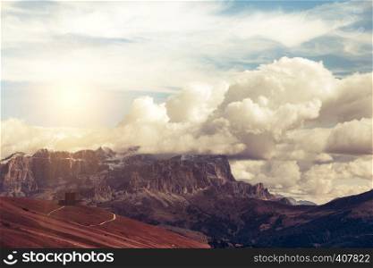 Beautiful mountain landscape around the Pass Pordoi. Dolomites, Italy