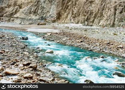 Beautiful mountain landscape of Turtuk valley and the Shyok river. Turtuk is the last village of India on the India - Pakistan Border situated in the Nubra valley region in Ladakh, India