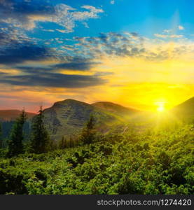 Beautiful mountain landscape on a background of sunset sun.