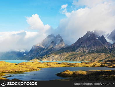 Beautiful mountain landscapes in Torres Del Paine National Park, Chile. World famous hiking region.