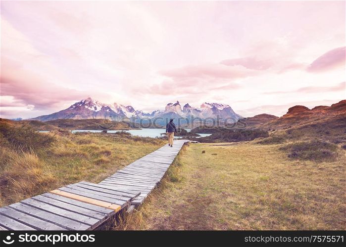 Beautiful mountain landscapes in Torres Del Paine National Park, Chile. World famous hiking region.
