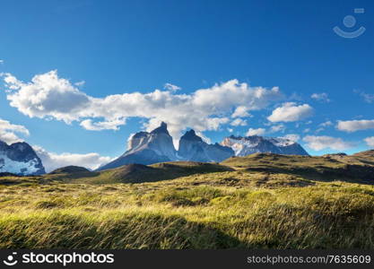 Beautiful mountain landscapes in Torres Del Paine National Park, Chile. World famous hiking region.