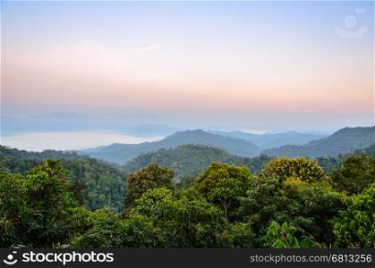 Beautiful mountain range in the morning from Panoen Thung scenic point at Kaeng Krachan National Park Phetchaburi province in Thailand