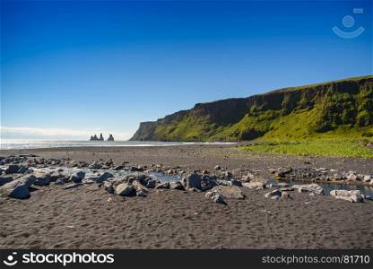 Beautiful mountain range with blue sky, at Vik, Iceland, selective focus