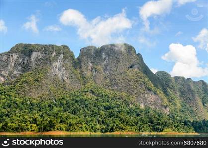 Beautiful mountain surrounded by water, Natural attractions at Ratchapapha dam in Khao Sok National Park, Surat Thani province, Guilin of Thailand.