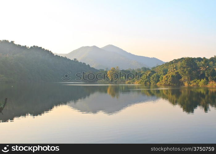 Beautiful mountains and river in morning at Phetchburi Province, Thailand