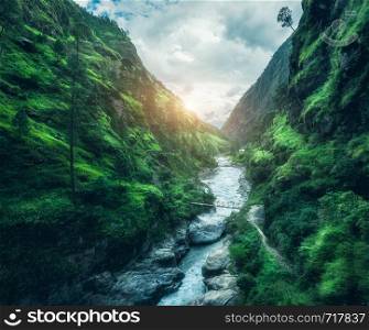 Beautiful mountains covered green grass at sunset. Landscape with mountain canyon, river, meadows and forest, sky with clouds in summer in Nepal in overcast evening. Travel in Himalayas. Nature. Beautiful mountains covered green grass at sunset. Landscape