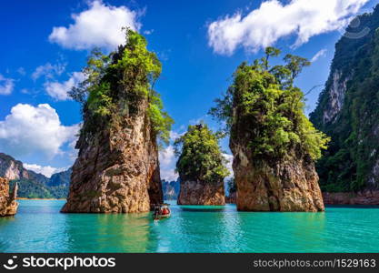 Beautiful mountains in Ratchaprapha Dam at Khao Sok National Park, Surat Thani Province, Thailand.