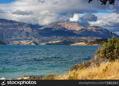 Beautiful mountains landscape along gravel road Carretera Austral in southern Patagonia, Chile