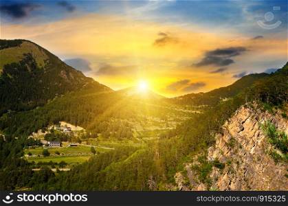 Beautiful mountains landscape and sunrise. The concept is travel.