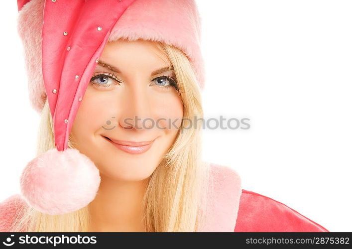 Beautiful mrs. Santa close-up portrait. Isolated on white.