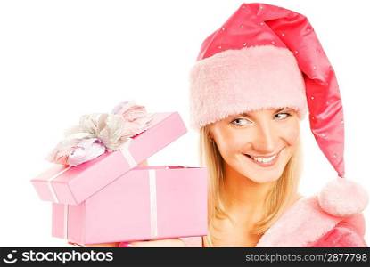 Beautiful mrs. Santa with a gift box