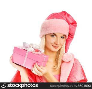 Beautiful mrs. Santa with a gift box