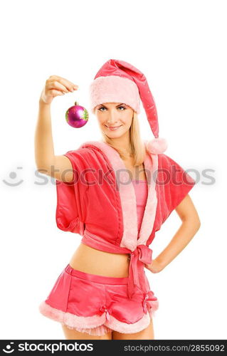 Beautiful mrs. Santa with Christmas decoration. Isolated on white background