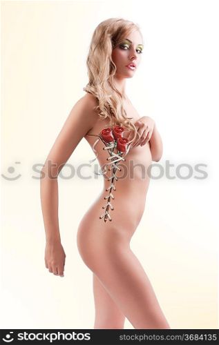 beautiful naked sexy woman in a creative shot with her body open like a corset