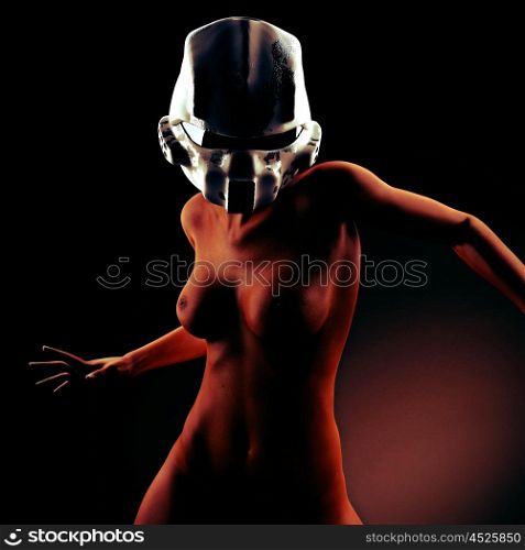 Beautiful naked young woman with futuristic helmet