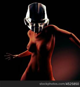 Beautiful naked young woman with futuristic helmet