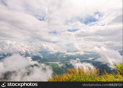 Beautiful natural landscape from high angle view of Mekong River forest and white clouds in the sky on the mountain at Doi Pha Tang view point, Chiang Rai Province, Thailand