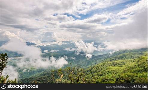 Beautiful natural landscape from the high angle view of Mekong River forest and clouds in the sky on the mountain at Doi Pha Tang view point, Chiang Rai, Thailand, 16:9 wide screen
