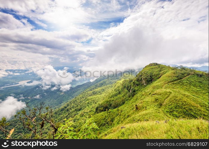 Beautiful natural landscape from the high angle view of Mekong River forest and clouds in the sky on the mountain at Doi Pha Tang view point, Chiang Rai Province, Thailand