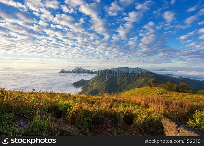 Beautiful natural landscape on mountain with blue sky, cloud, and misty fog after sunrise in winter at view point Phu Chi Fa Park in Chiang Rai, Thailand. Famous travel destination of Northern of Thai