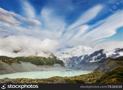 Beautiful natural landscapes in Mount Cook National Park, South Island, New Zealand
